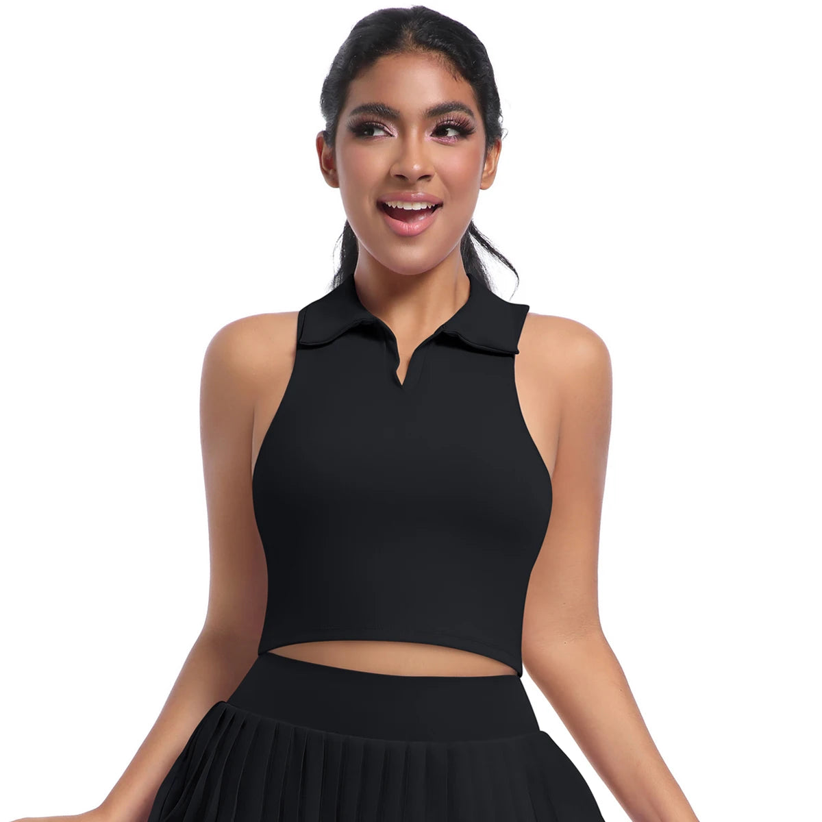 Damen Fitness-Weste in Schwarz, ärmellos mit Polokragen und Crop-Schnitt