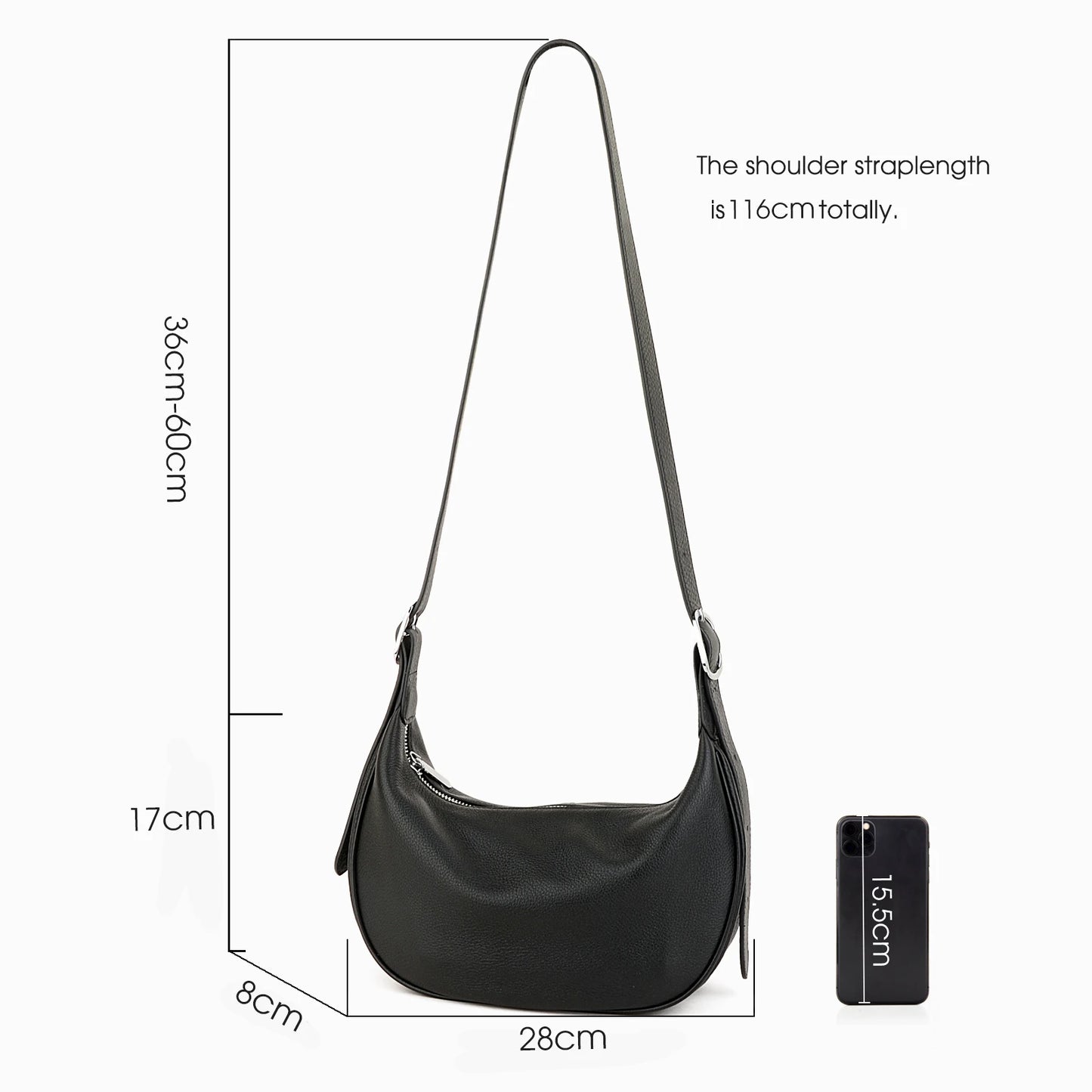 Damen Vollkornleder Hobo Tasche Schwarz | Halbmond-Crossbody