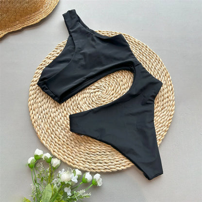 Damen-Badeanzug asymmetrische Schulter Metallring High-Cut gepolstert