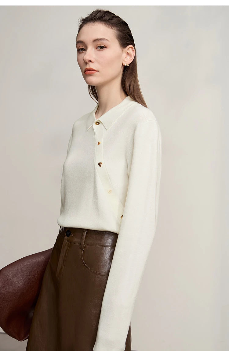 Beiger Damen-Strickpullover mit Knopfleiste, langem Ärmel und Stehkragen, locker sitzend