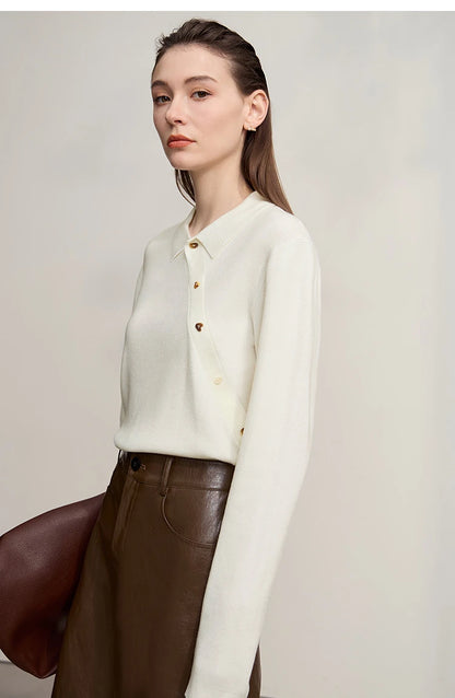 Beiger Damen-Strickpullover mit Knopfleiste, langem Ärmel und Stehkragen, locker sitzend