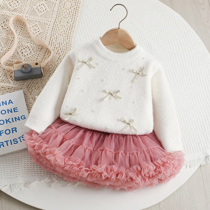 Mädchen Outfit Set mit Bogen Pullover und dünnem Mesh Rock