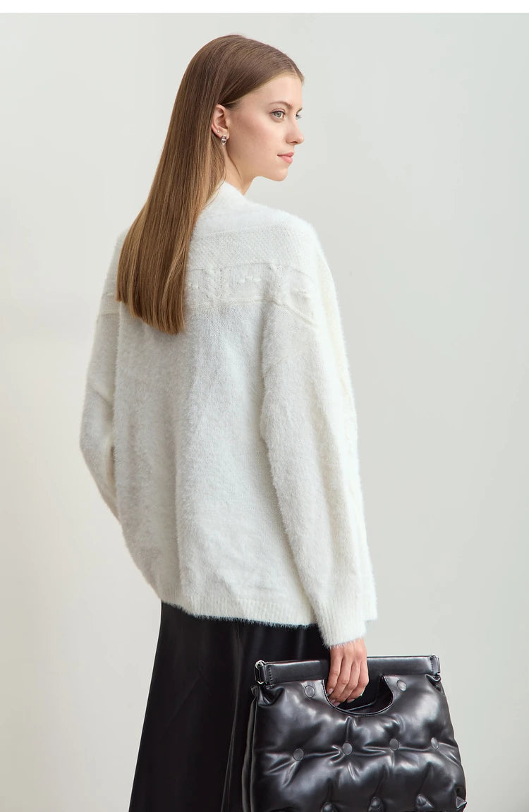 Damen-Strickjacke V-Ausschnitt Nerz-Imitat locker dick Winter