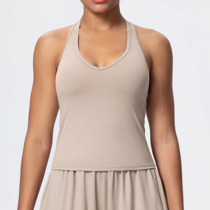 Leichte Yoga-Weste für Damen, ärmellos mit V-Ausschnitt und Rüschen-Saum in Beige