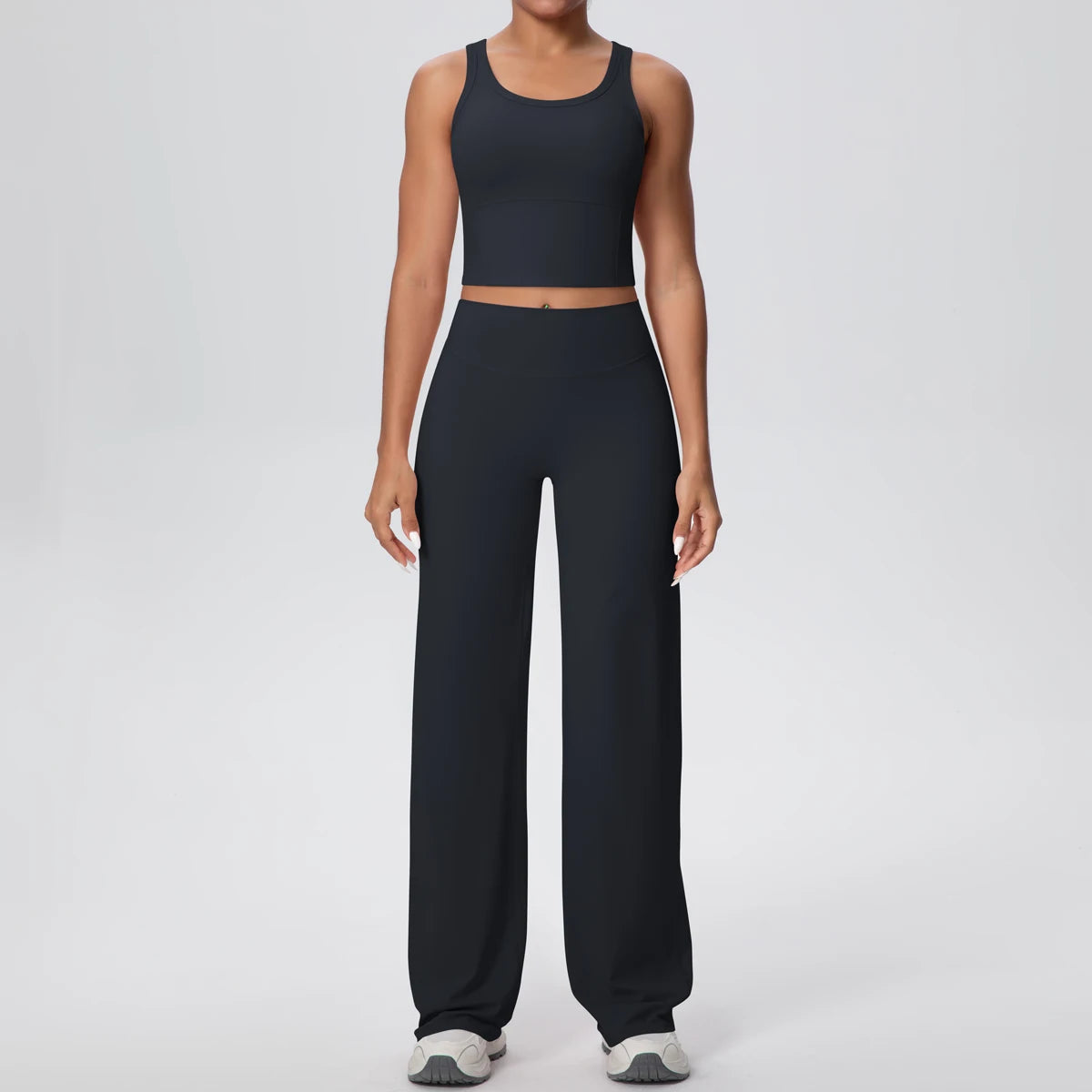 Schnelltrocknendes Yoga-Set mit cropped Tanktop und Schlaghose, schwarz