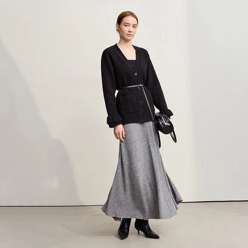 Damen-Strickjacke Wolle V-Ausschnitt Pendler einreihig locker Winter