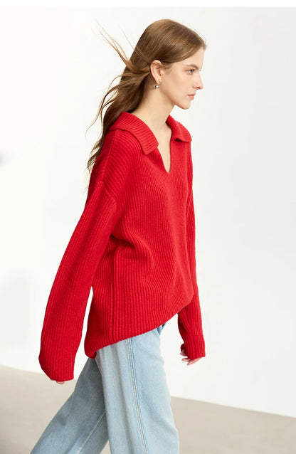 Damen V-Ausschnitt Pullover Acryl French Lazy Style lang Winter