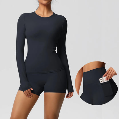 Damen-Yoga-Set mit langarmigem Oberteil und Shorts, dunkelblau