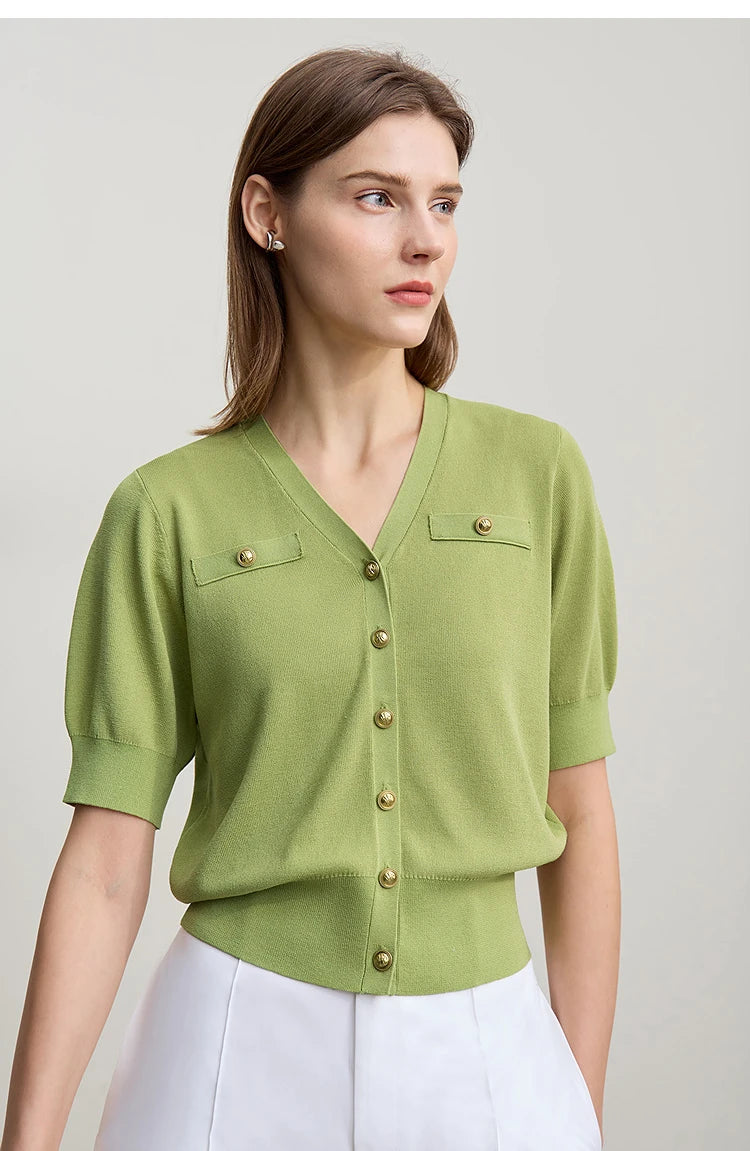 Damen-Strickjacke V-Ausschnitt Metallschnalle kurz weich Büro Frühling