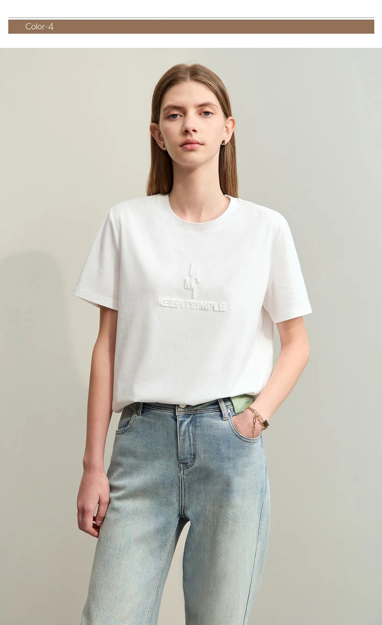 Damen T-Shirt im minimalistischen Stil mit modischer Stickerei und O-Ausschnitt