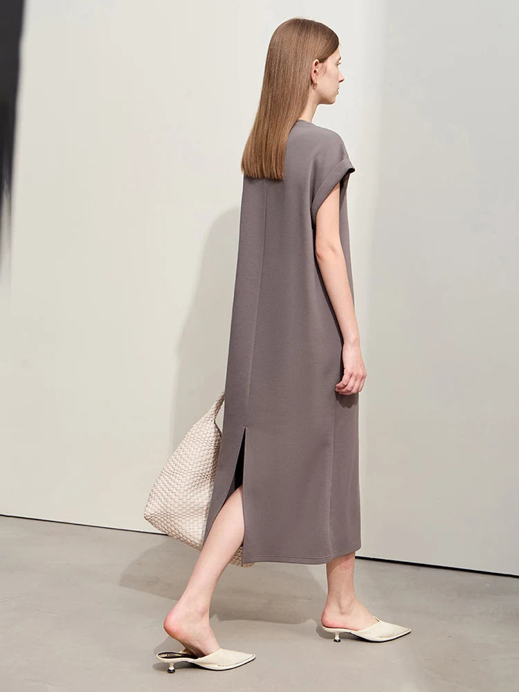 Damen Kleid für Sommer neue lässige O-Ausschnitt Kurzarm Midi gerade Perlen Stickerei Kleid Dame