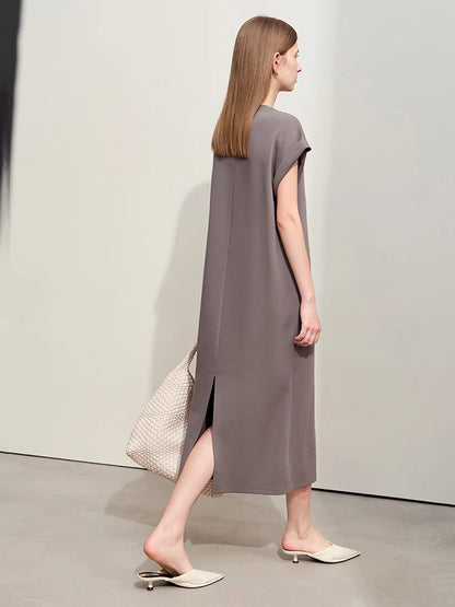 Damen Kleid für Sommer neue lässige O-Ausschnitt Kurzarm Midi gerade Perlen Stickerei Kleid Dame