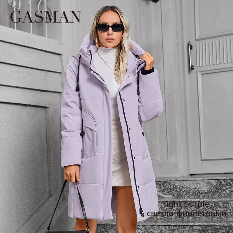 Lange Damen-Daunenjacke mit Kapuze und Farbkontrast – winddichter Parka in High-Street-Qualität