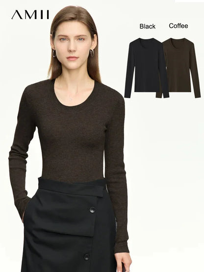 Dunkelbrauner Damen-Strickpullover mit langen Ärmeln und Rundhalsausschnitt