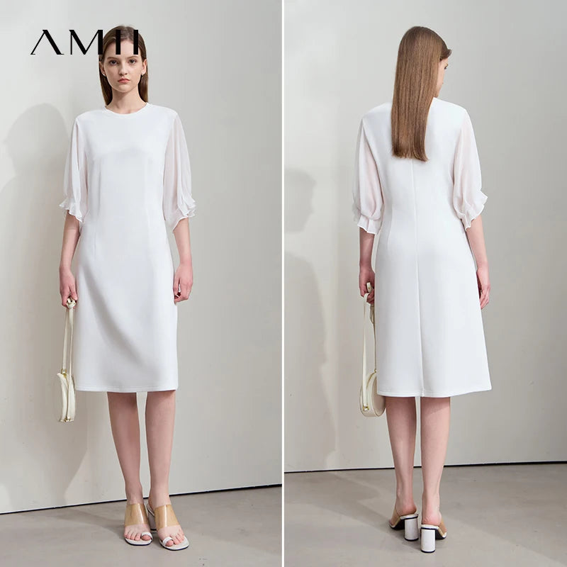 Chiffon-Kleid, weiß, Rückansicht, halbtransparente 3/4-Ärmel, knielang