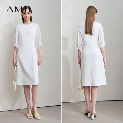 Chiffon-Kleid, weiß, Rückansicht, halbtransparente 3/4-Ärmel, knielang
