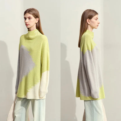 Damen-Rollkragenpullover Stickerei locker Winter Wolle-Mix