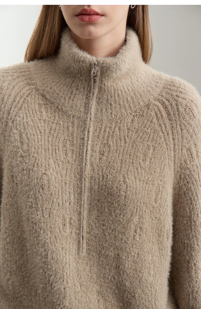 Damen-Rollkragenpullover Reißverschluss Nerz-Optik locker Winter