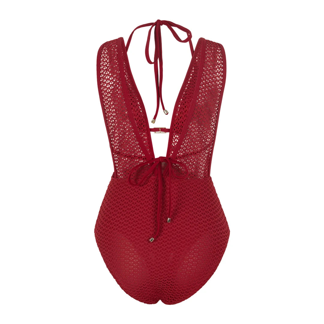 Damen-Badeanzug V-Ausschnitt Netzstrick rückenfrei Monokini Weste
