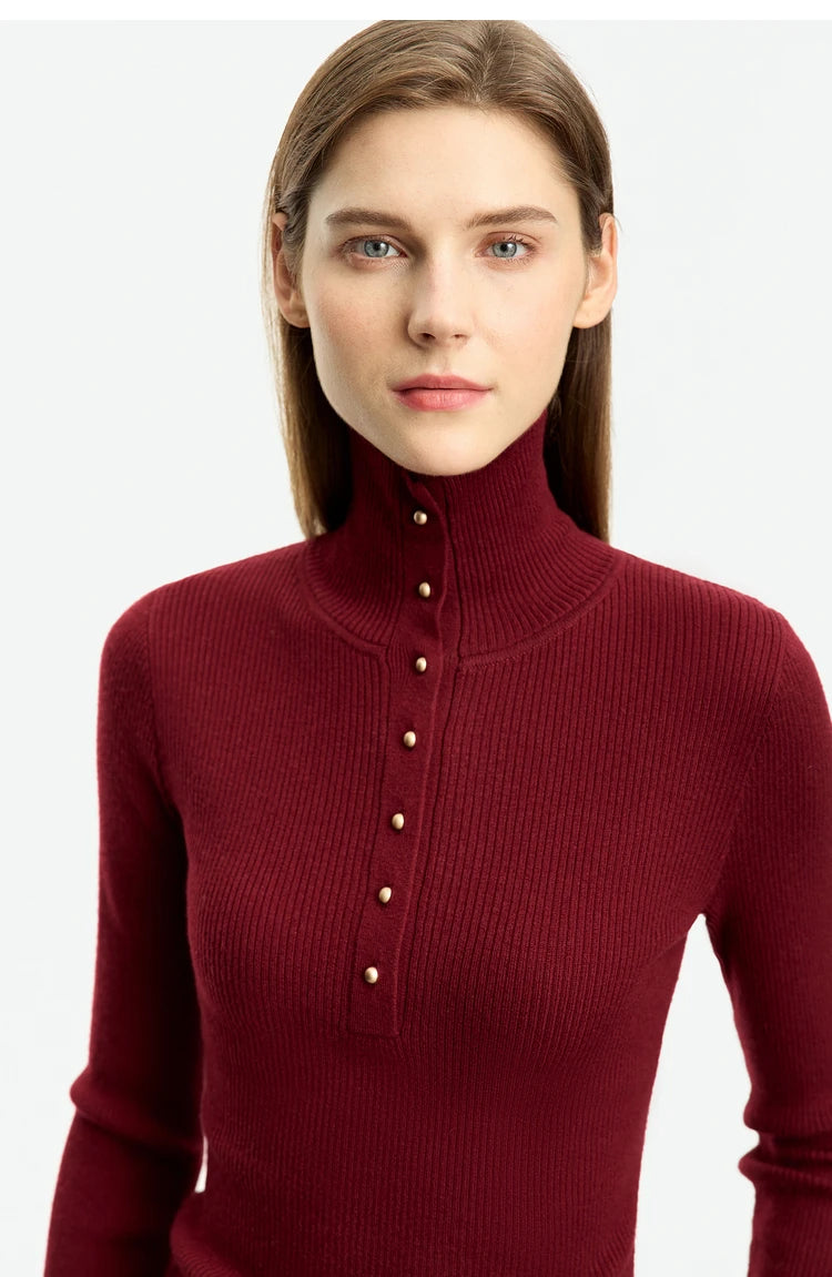 Damen-Strickjacke Rollkragen Knopfleiste Slim halboffene Front Herbst