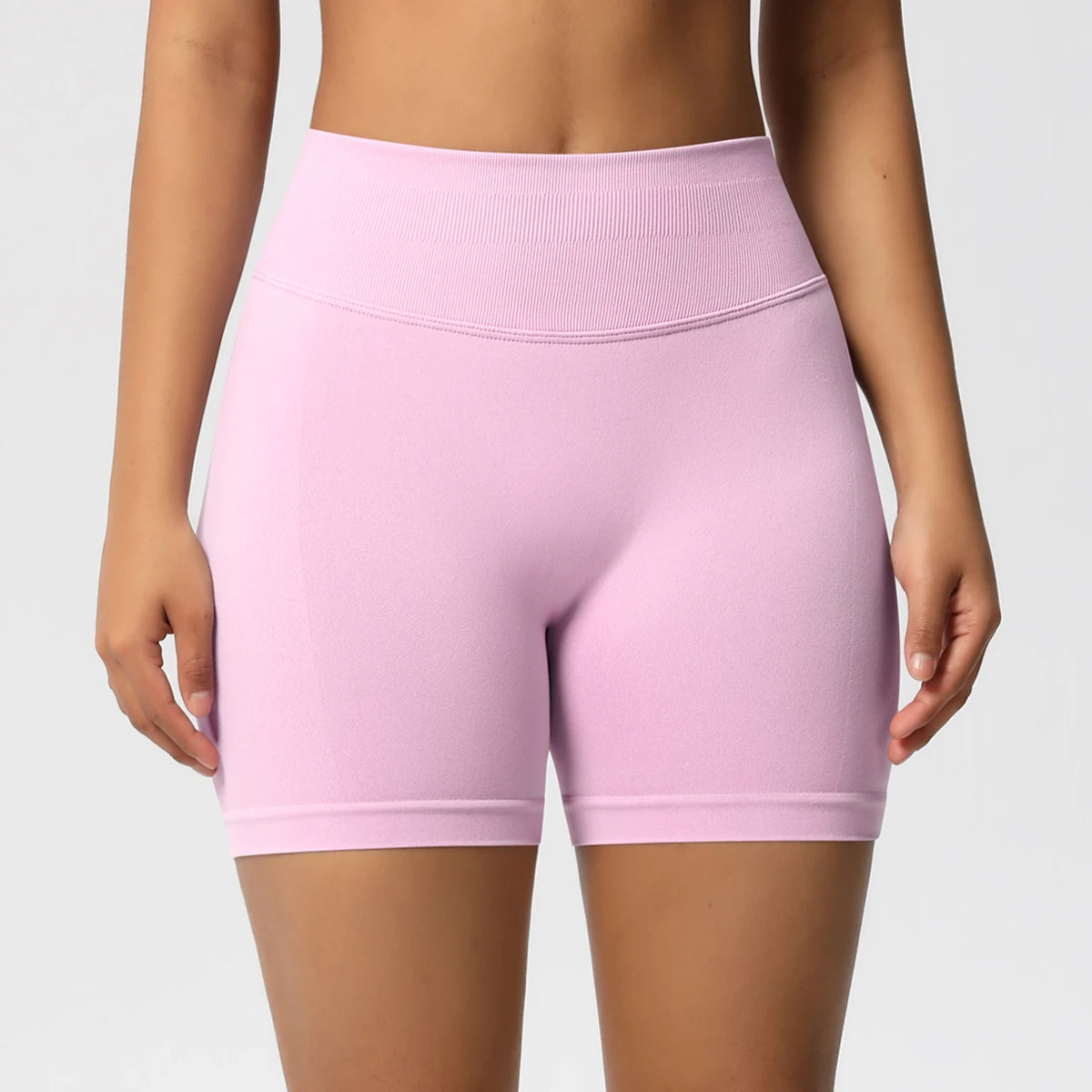 Damen-Yoga-Shorts High-Waist, rosa, Vorderansicht mit flachem Bund