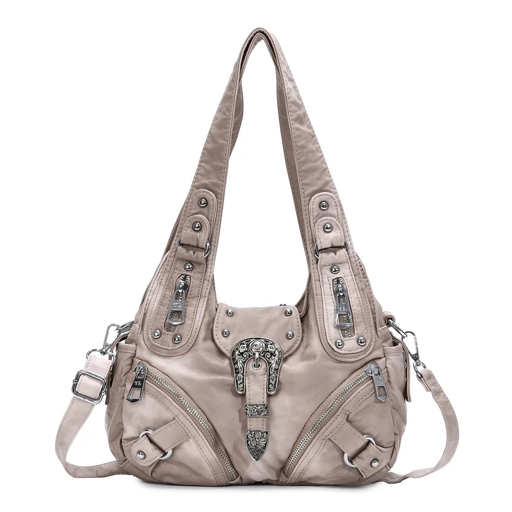Beige Schultertasche mit Reißverschlussfächern, Nieten und verstellbaren Trageriemen