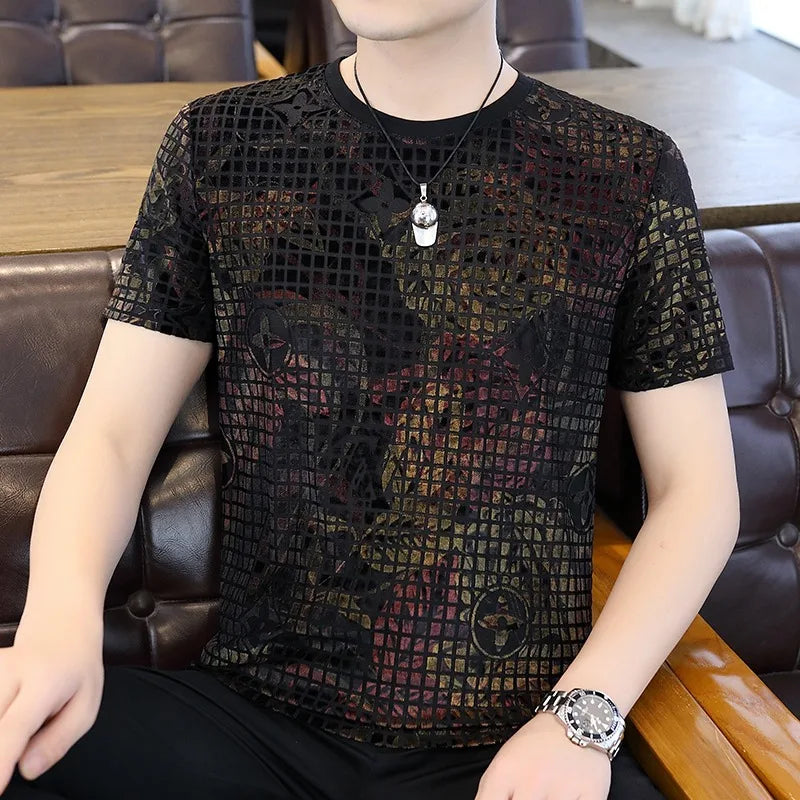 Herren Rundhals-T-Shirt aus leichtem Luxus-Samt mit floralem Druck für Freizeit und Business
