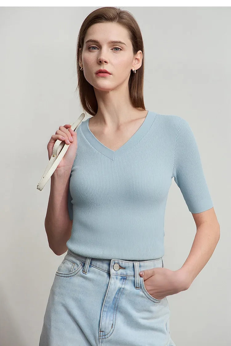Damen V-Ausschnitt Pullover Viskose Halbarm Slim Büro Sommer