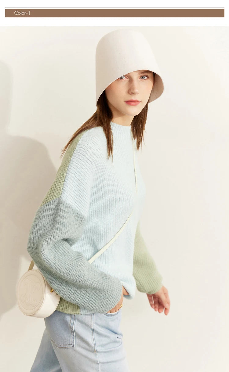 Hellgrün-blauer Strickpullover mit Rundhalsausschnitt und langen Ärmeln, lockere Passform