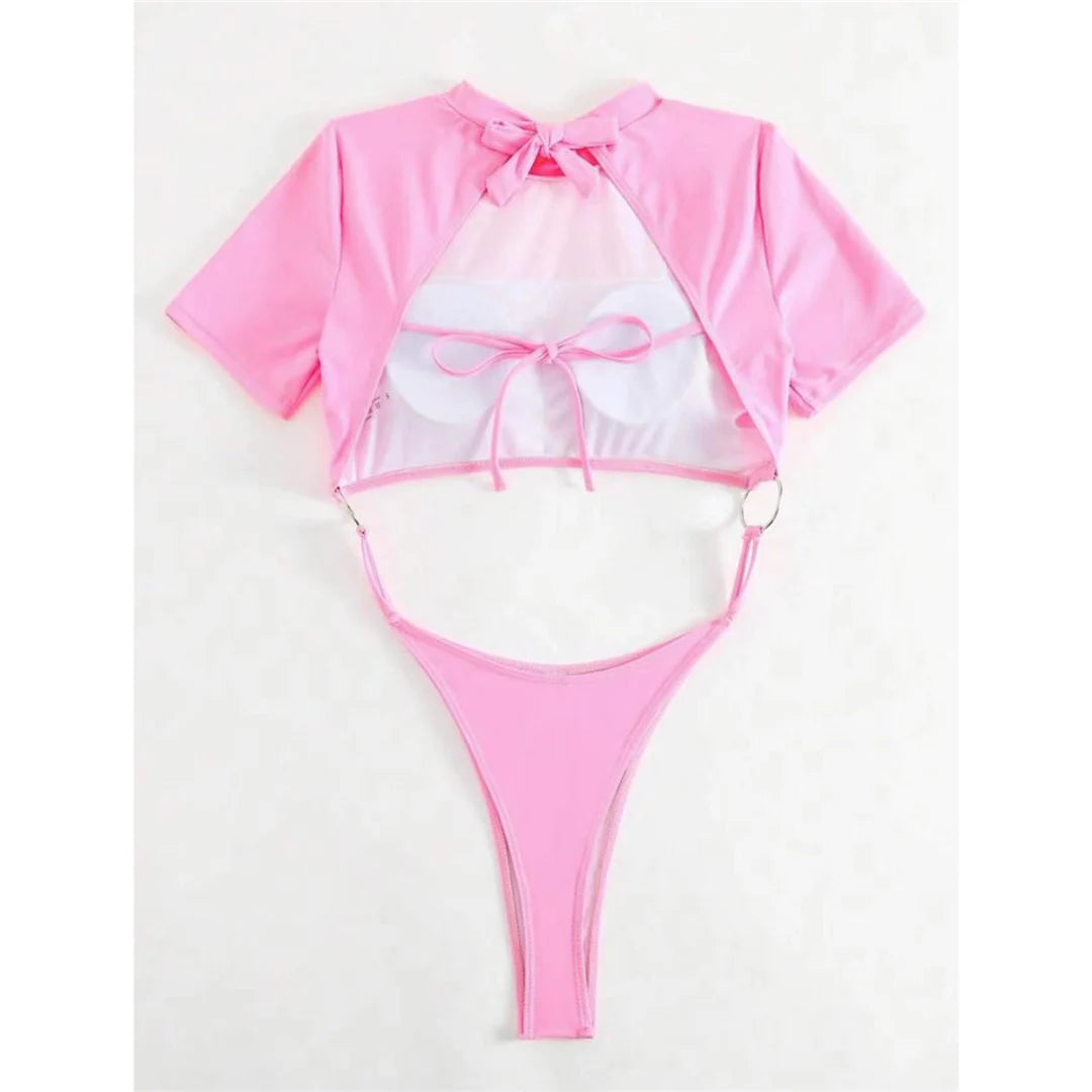 Damen Badeanzug Micro Tanga Cut-Out Monokini Kurzarm 9 Farben