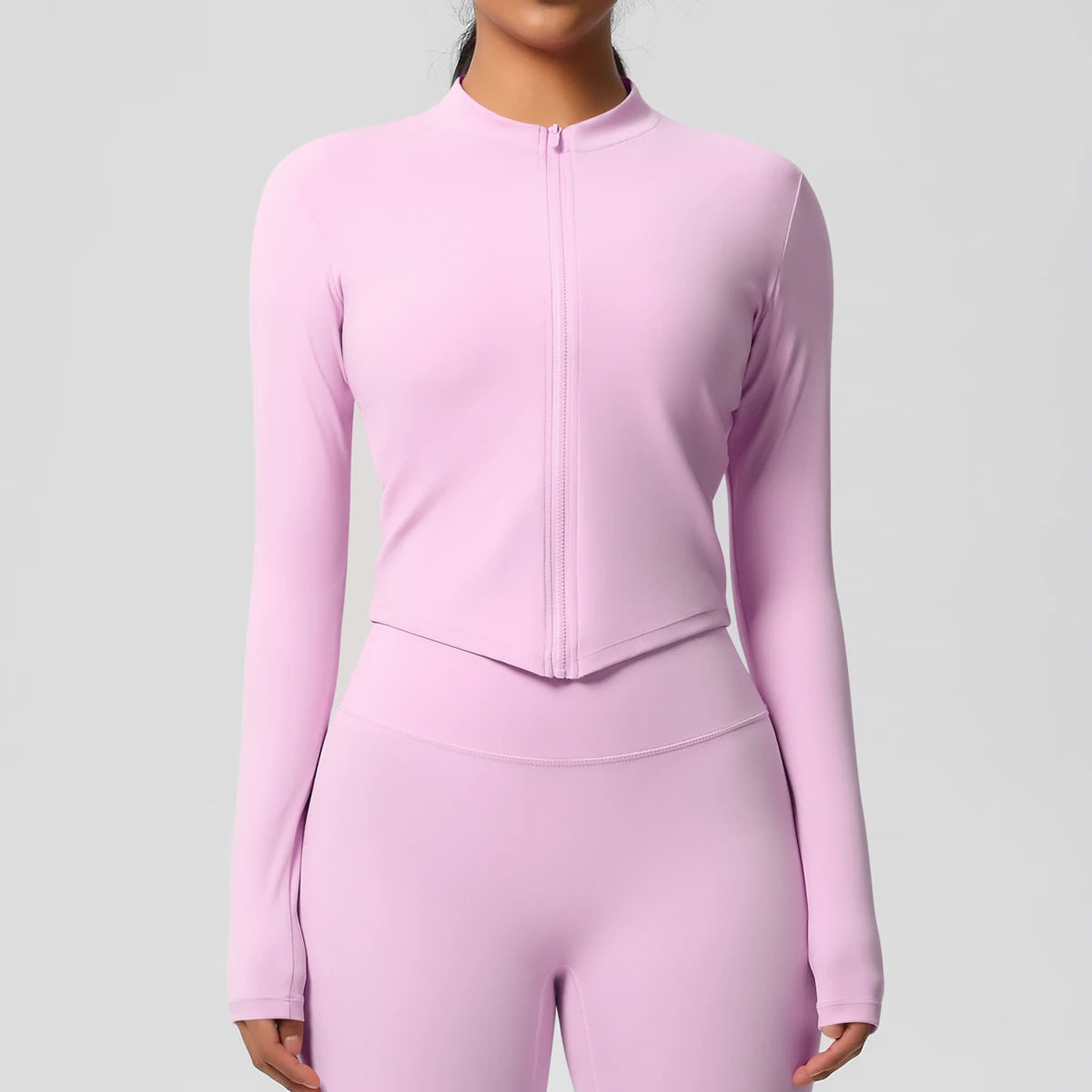 Langarm-Fitnessoberteil, Slim Fit, hellrosa, durchgehender Reißverschluss und Stehkragen