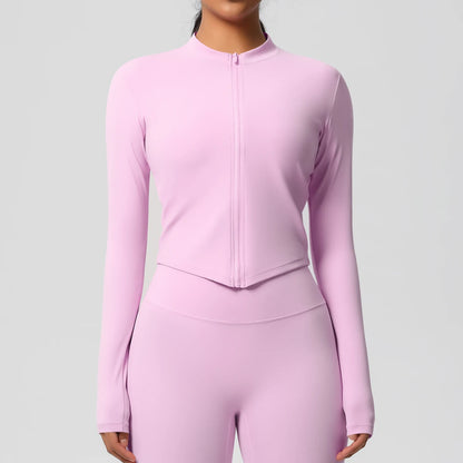 Langarm-Fitnessoberteil, Slim Fit, hellrosa, durchgehender Reißverschluss und Stehkragen