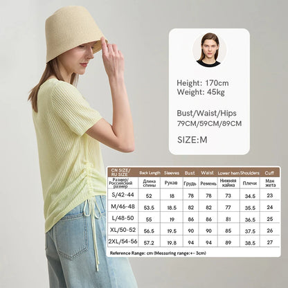 Damen-Feinstrickpullover mit Rundhalsausschnitt, hellgelb-grün, kurze Ärmel, Kordelzug seitlich
