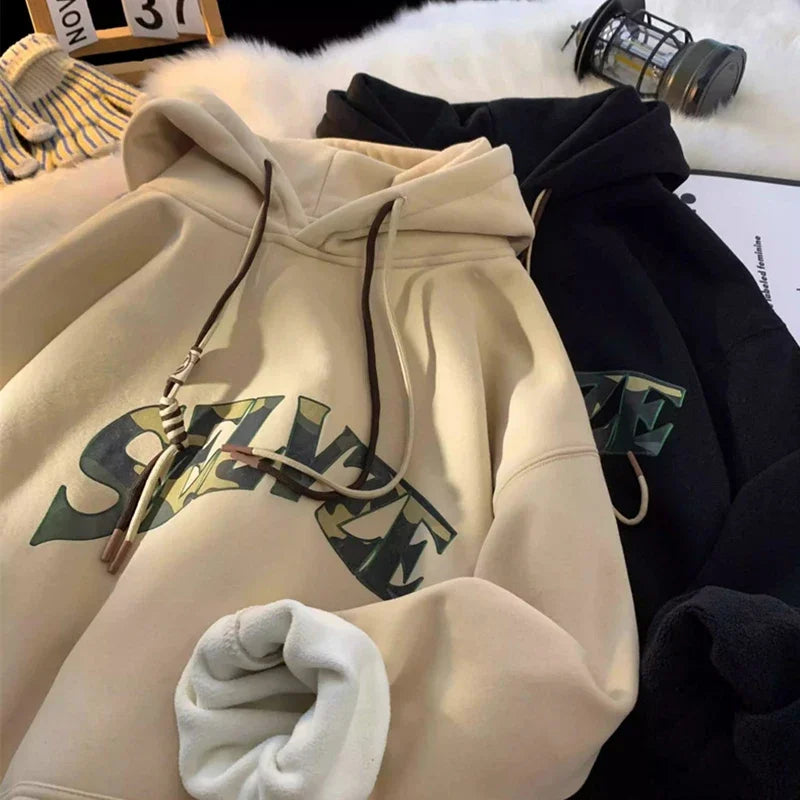 New in Camouflage Letter Printed Hooded Sweatshirts For Men Autumn Punk Hip Hop Fashion Hoodies Y2K Streetwear Fleece Hoody