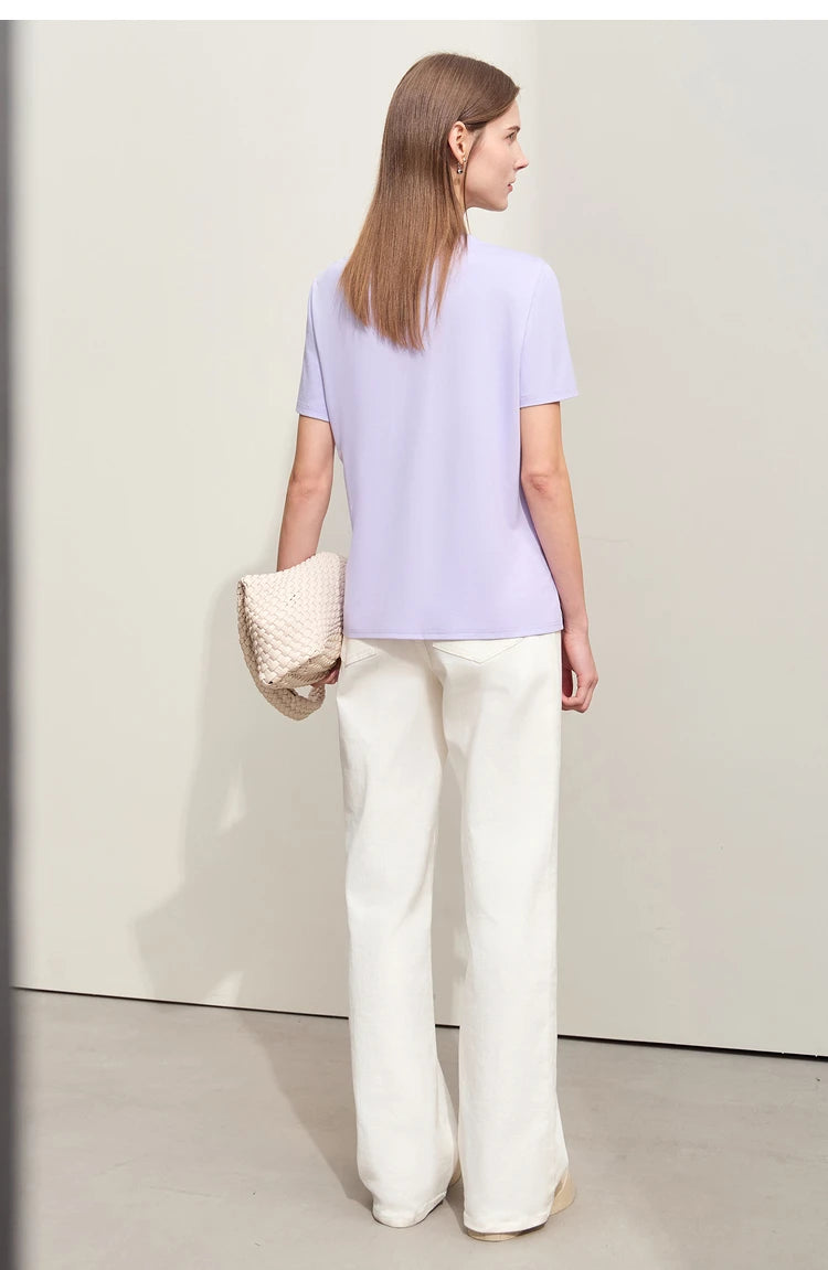 Damen Sommer-T-Shirts im minimalistischen Stil mit O-Ausschnitt und kurzen Ärmeln
