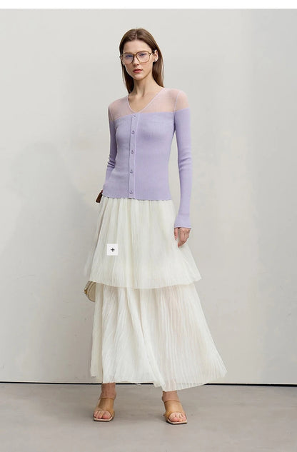 Damen V-Ausschnitt Pullover Viskose Mesh Organza Slim Frühling