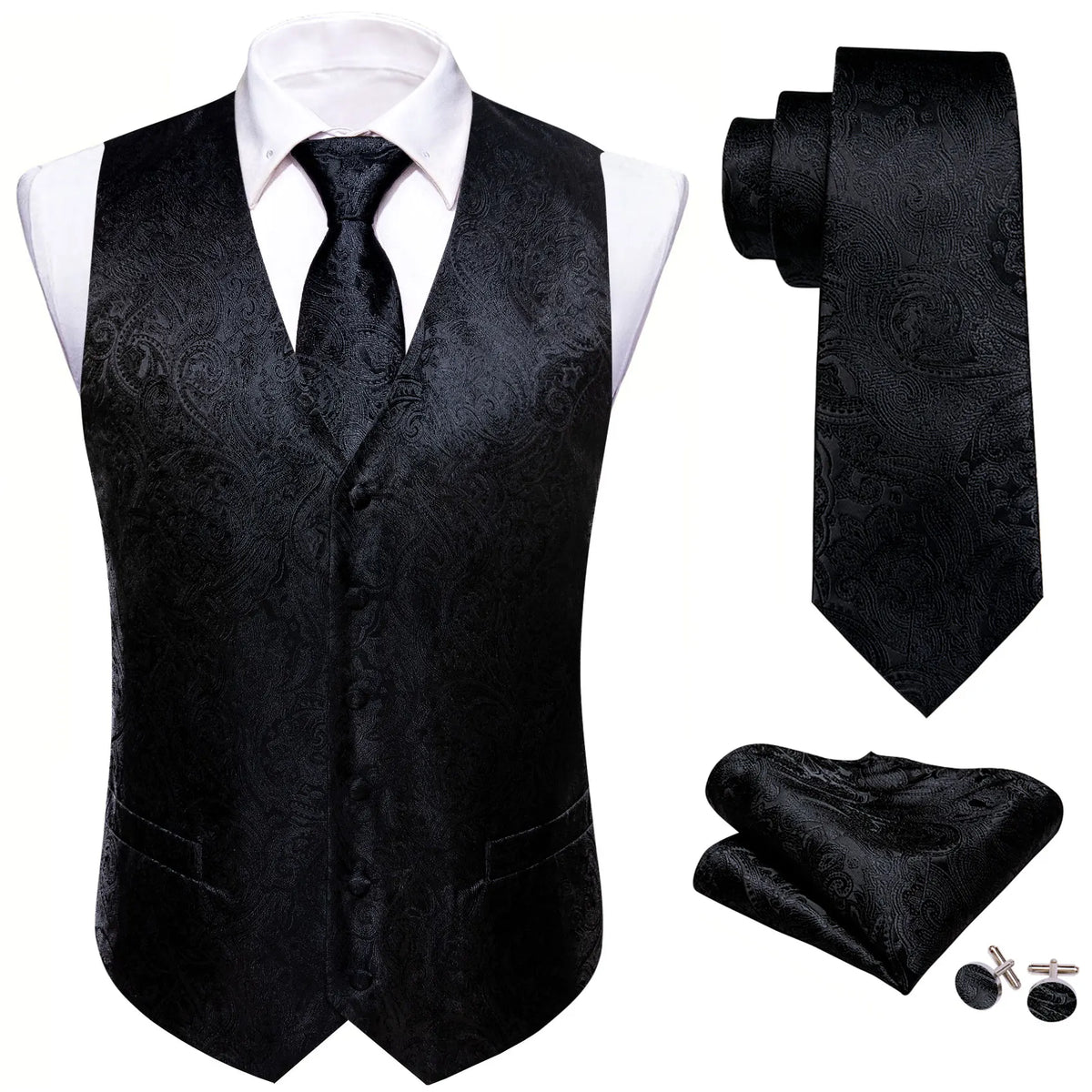 Schwarzes Jacquard-Herrenweste-Set mit V-Ausschnitt, Krawatte und Einstecktuch.