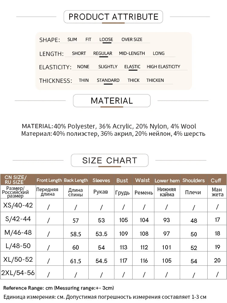 Material- und Größentabelle für Pullover
