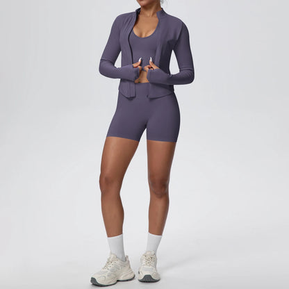 Damen Yoga-Set in Lila-Grau, langärmliges Oberteil und kurze Leggings