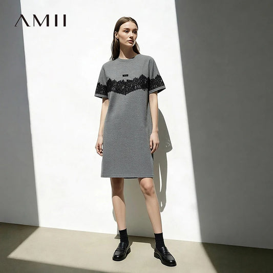 Damen-Sommerkleid aus Baumwolle in Grau mit schwarzem Spitzeneinsatz am Oberteil