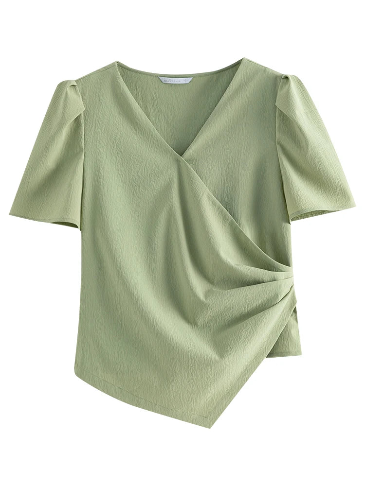 Langarm-Bluse mit V-Ausschnitt und Jacquard-Stoff im chinesischen Stil – einreihig geknöpft in zwei Farben.