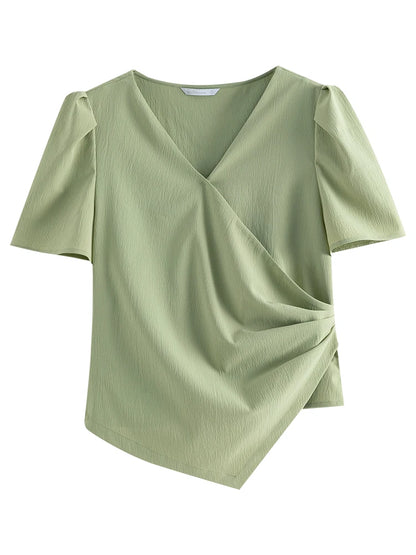 Langarm-Bluse mit V-Ausschnitt und Jacquard-Stoff im chinesischen Stil – einreihig geknöpft in zwei Farben.