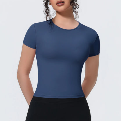Damen Yoga-Shirt mit Rundhalsausschnitt, kurzarm, eng anliegend, blau