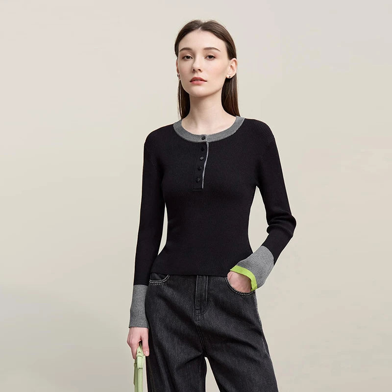 Damen-Rundhalspullover Kontrastfarben Knopfleiste Slim Lyocell Frühling