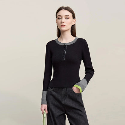 Damen-Rundhalspullover Kontrastfarben Knopfleiste Slim Lyocell Frühling