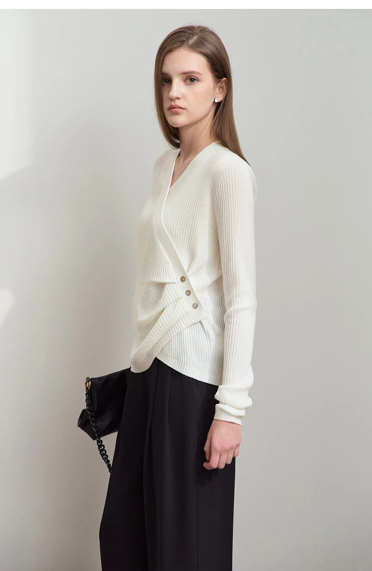 Damen V-Ausschnitt Pullover plissiert Muschelschnalle Wolle Herbst