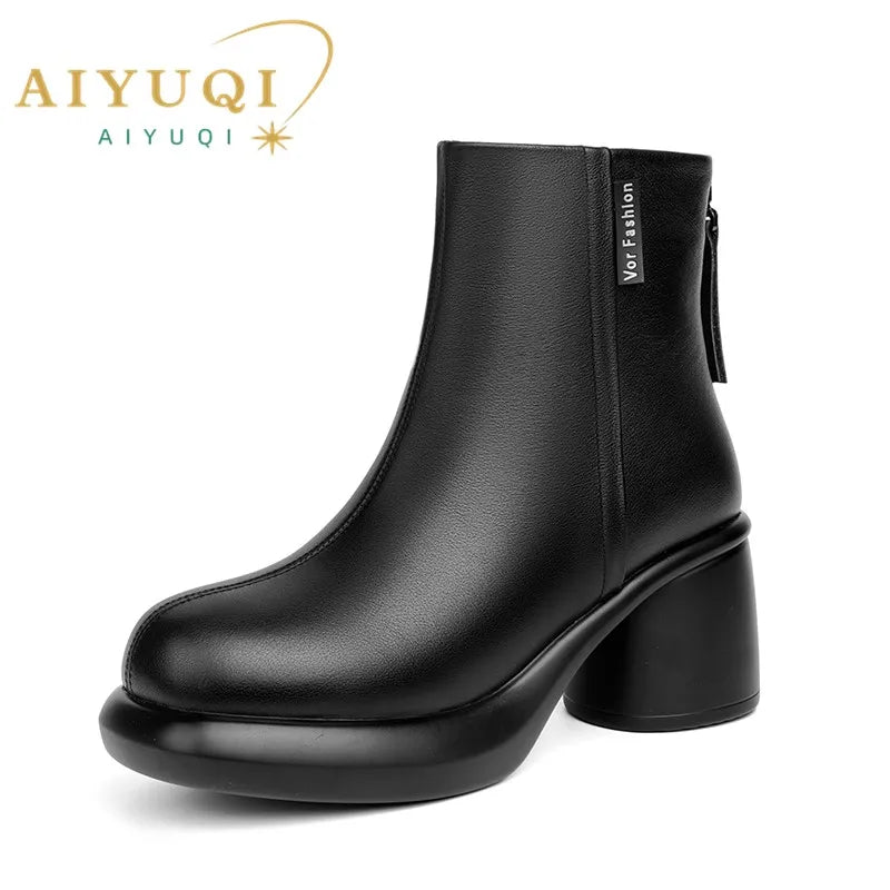 AIYUQI Damen-Ankle-Boots, schwarzes Leder, mittelhoher Blockabsatz