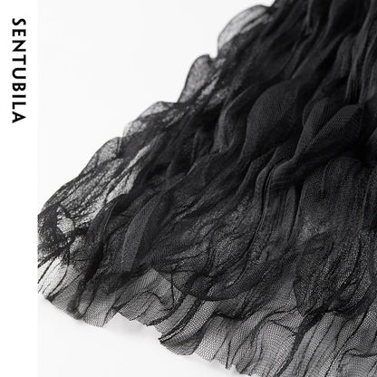 Damen Netzrock im süßen Stil mit hoher Taille und Rüschen