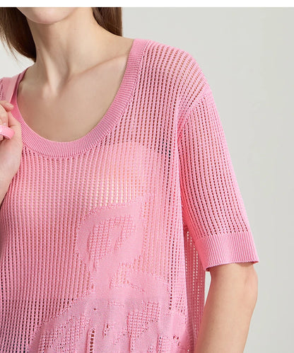AMII pinker Strickpullover mit U-Ausschnitt, durchbrochener Struktur