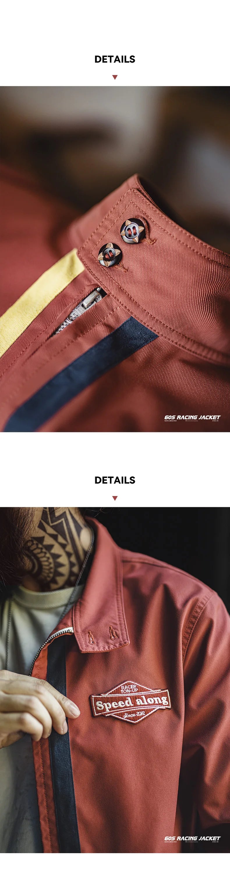 Herren Rennjacke Retro 60er Jahre Stehkragen Reißverschluss Sportlich Lässig